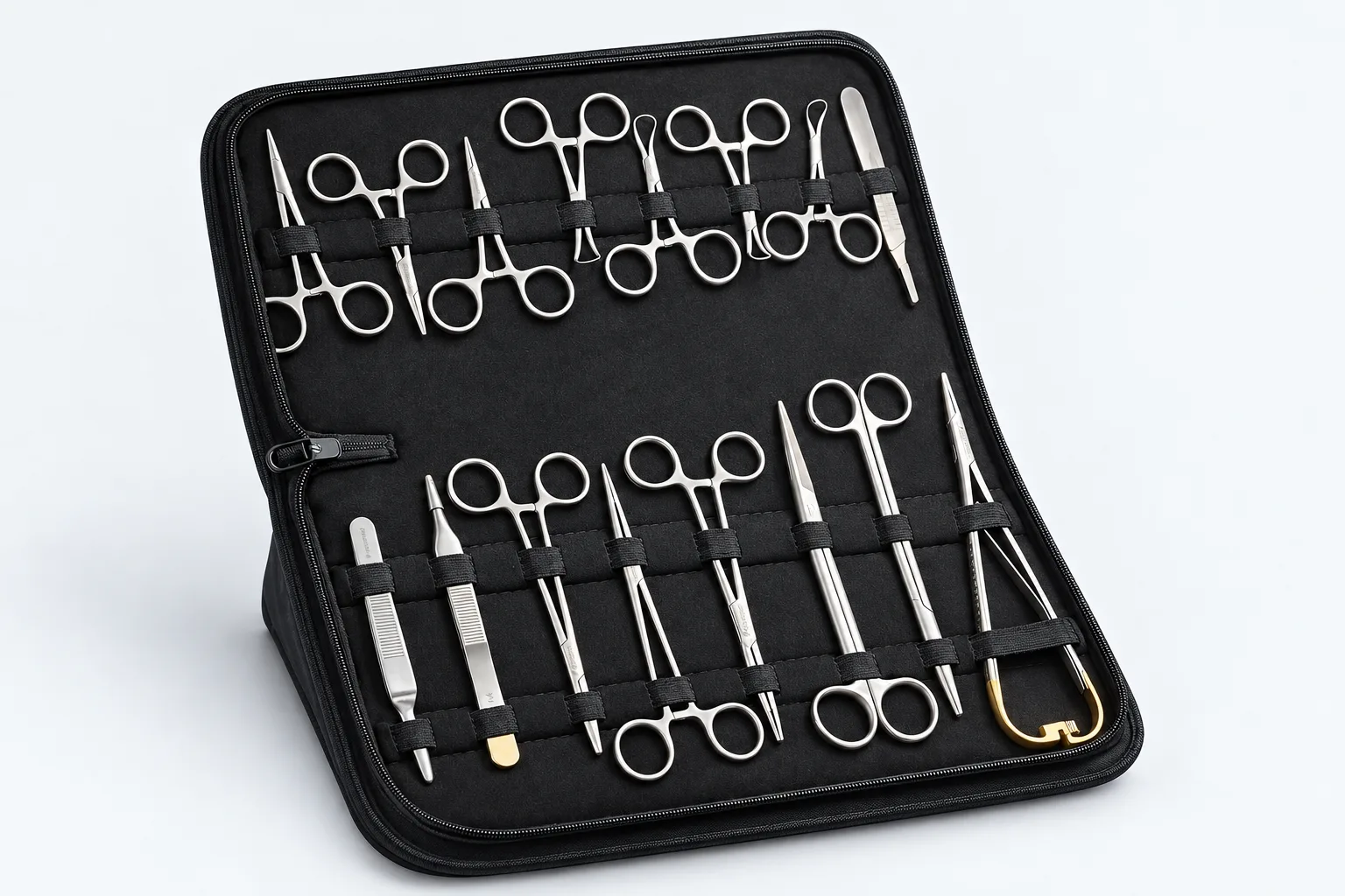Vetrospect abdominal surgery kit open in its black zip case, with forceps, scissors and needle holders