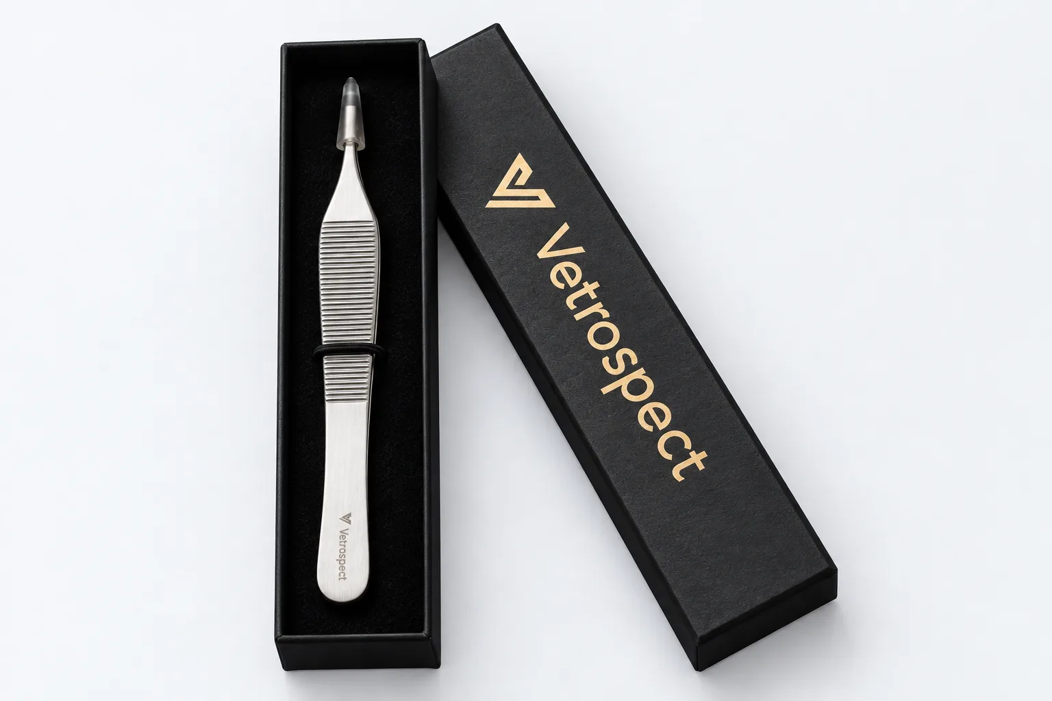 Vetrospect Adson forceps in its open black presentation box, with the Vetrospect name on the lid