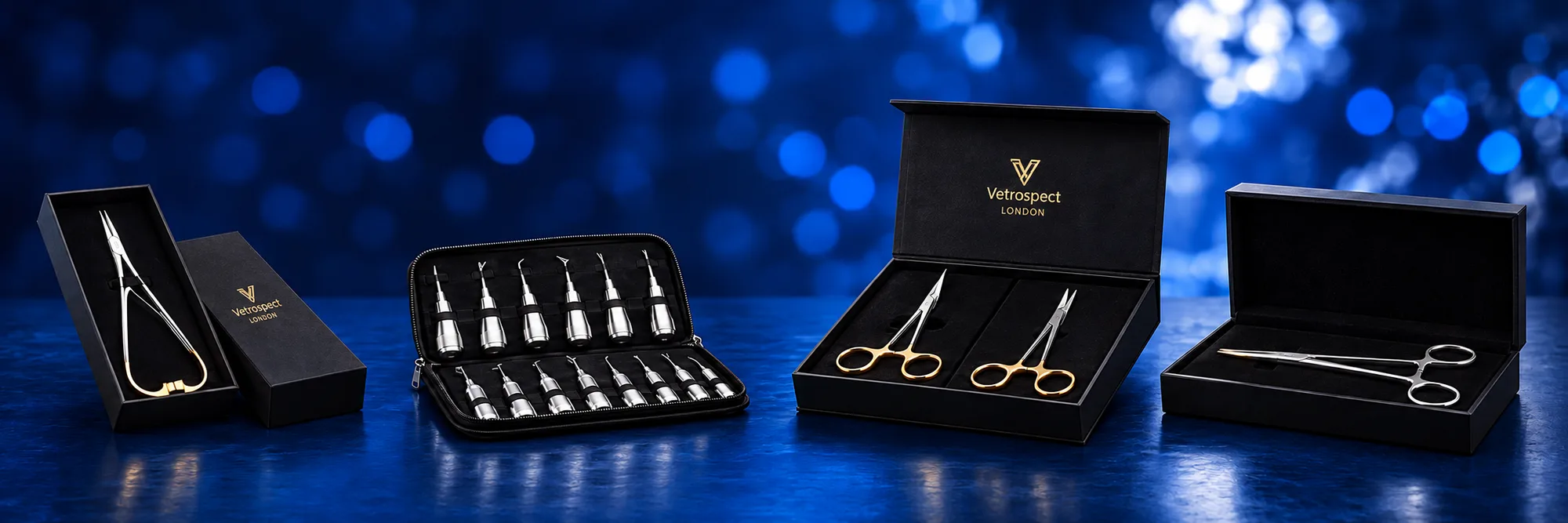 Vetrospect instruments in black presentation boxes and a zip case: needle holder, dental elevator set, gold-handled scissors and forceps, on a blue background with soft lights